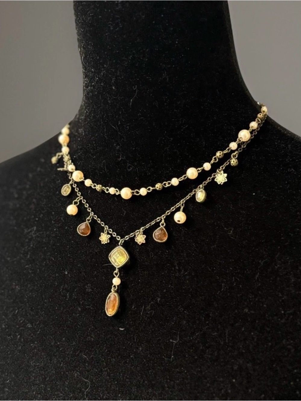 Gold-Tone Layered Necklace with Pearl Beads and Amber Accents
